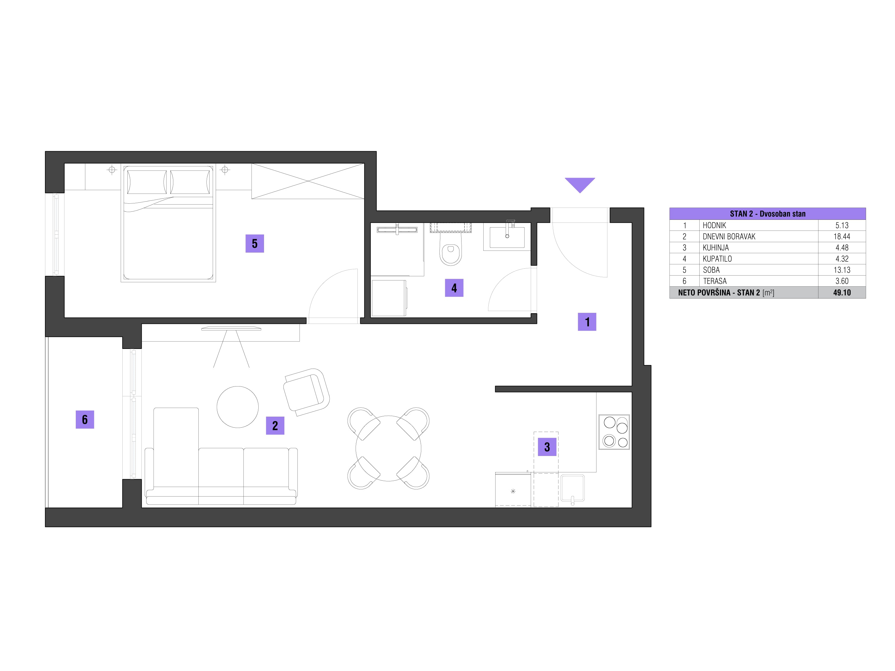 Dvosoban stan  površine 49m2