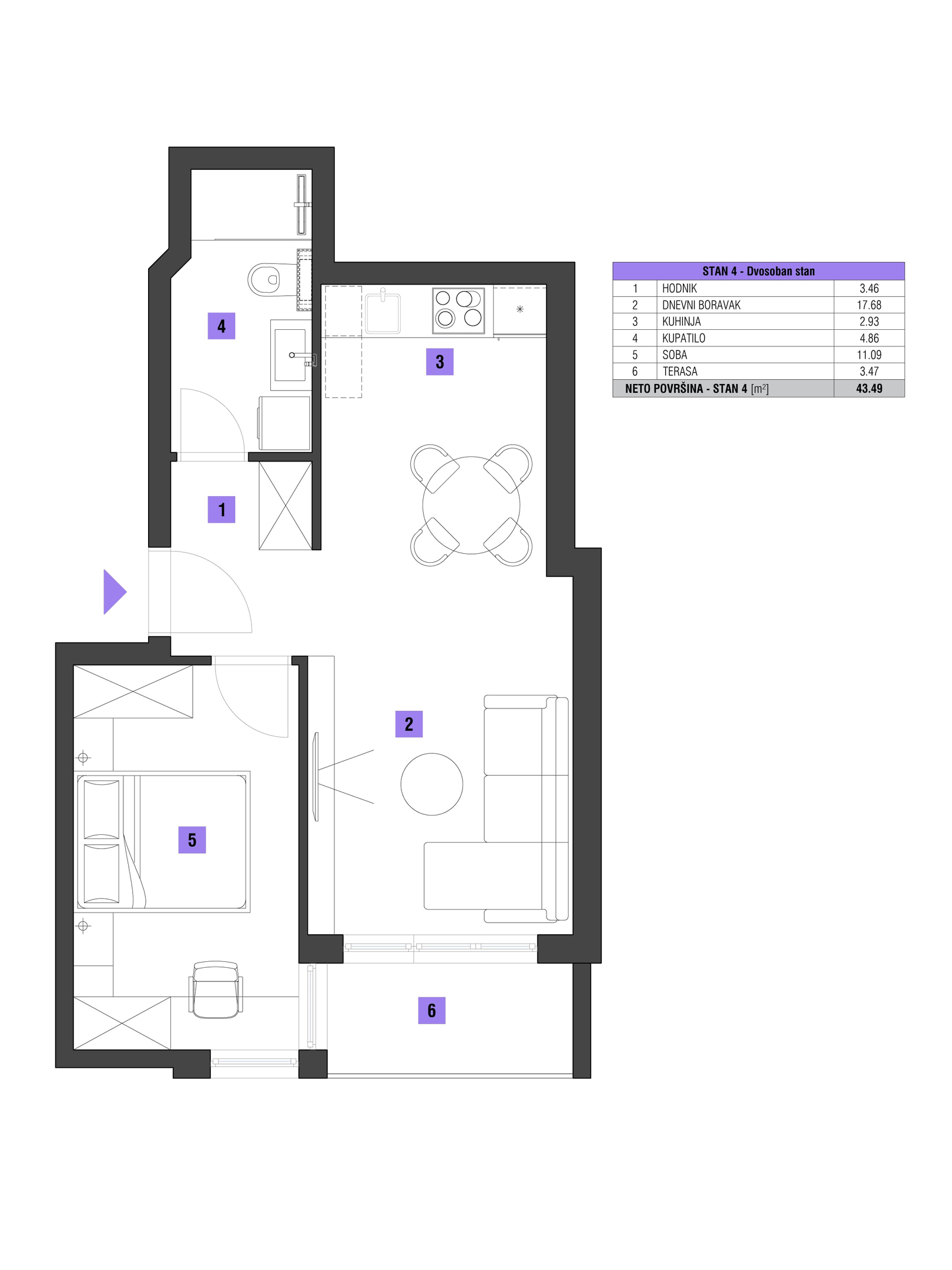 Dvosoban  površine 44m2