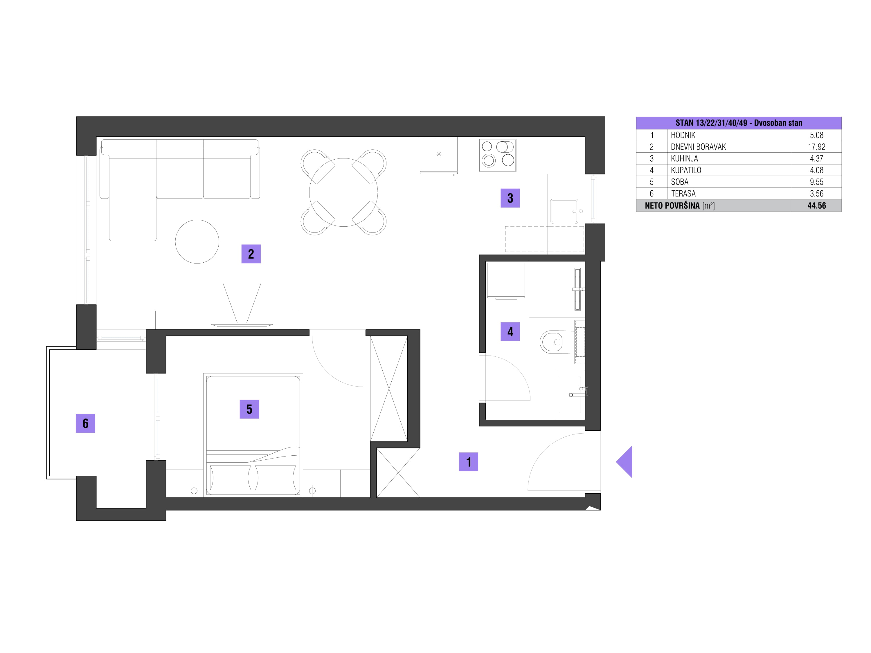 Dvosoban stan površine 45m2