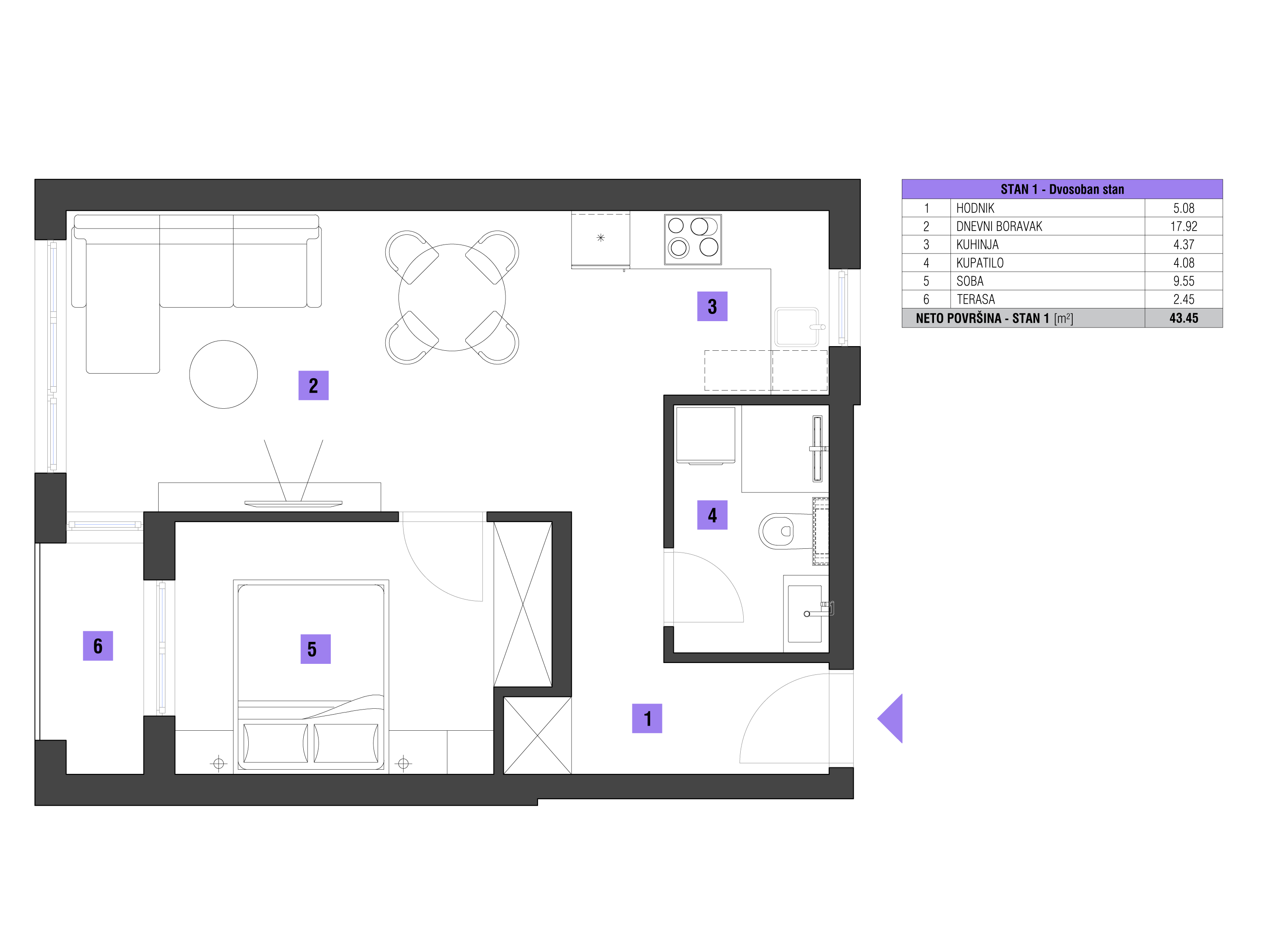 Dvosoban stan površine 44m2