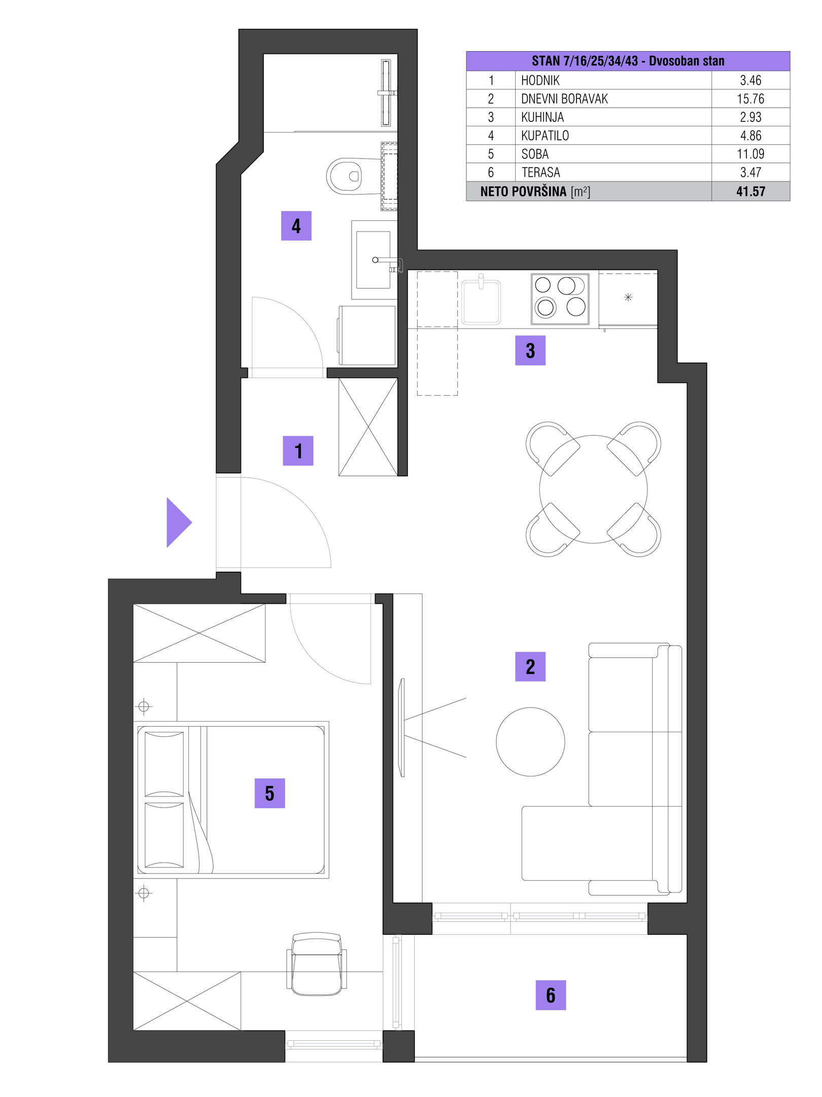 Dvosoban stan površine 42m2