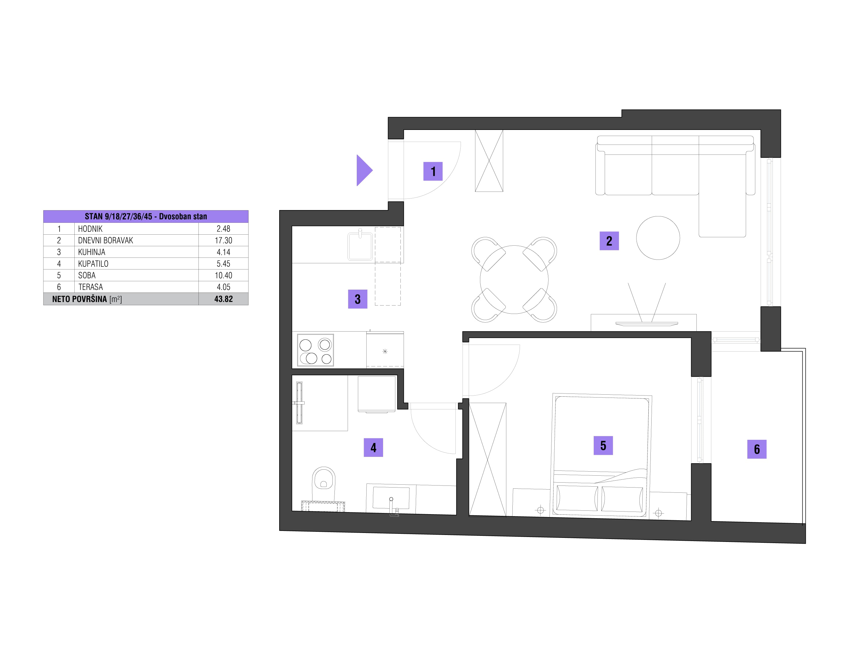 Dvosoban stan površine 44m2