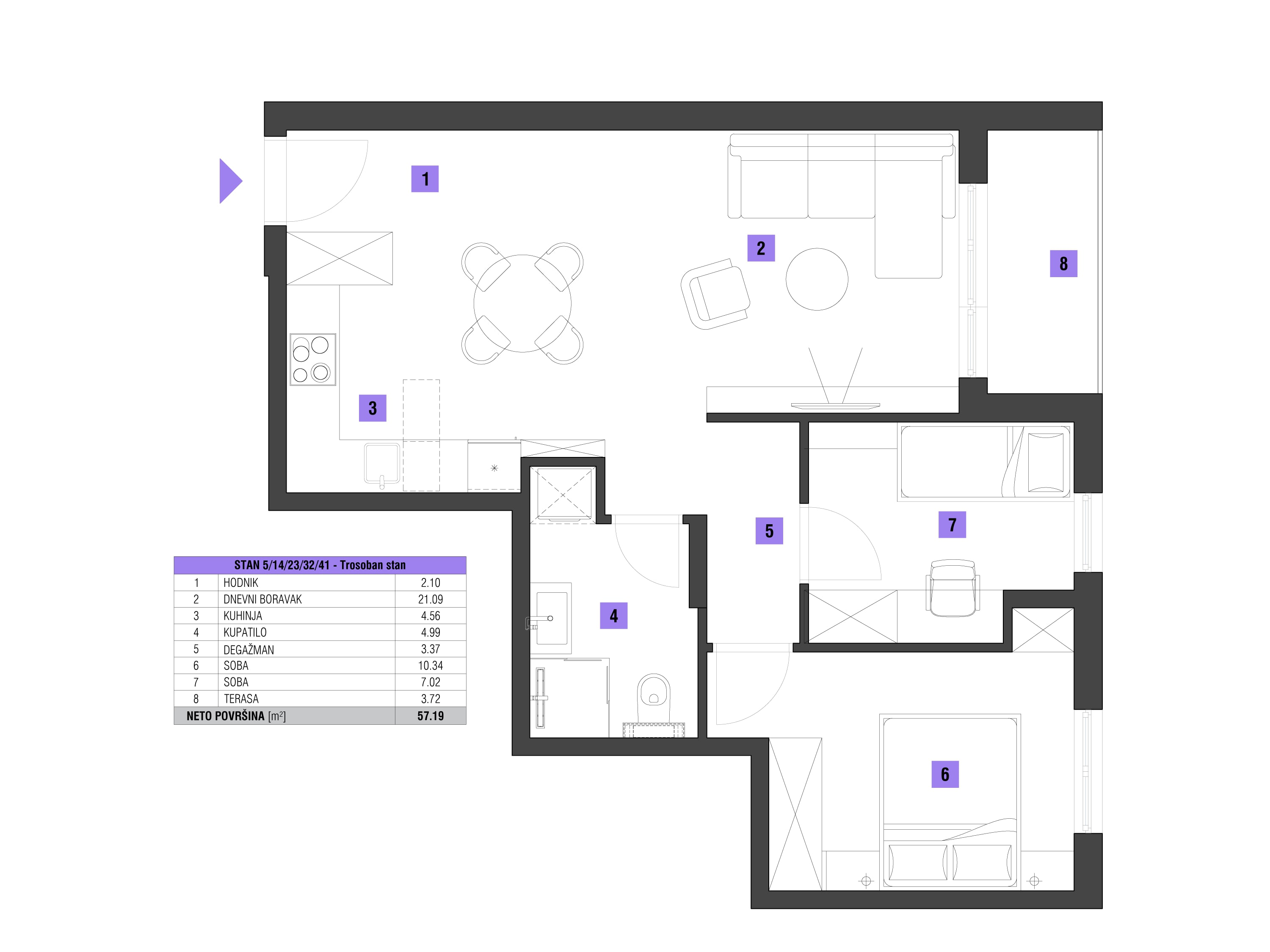 Trosoban stan  površine 57m2
