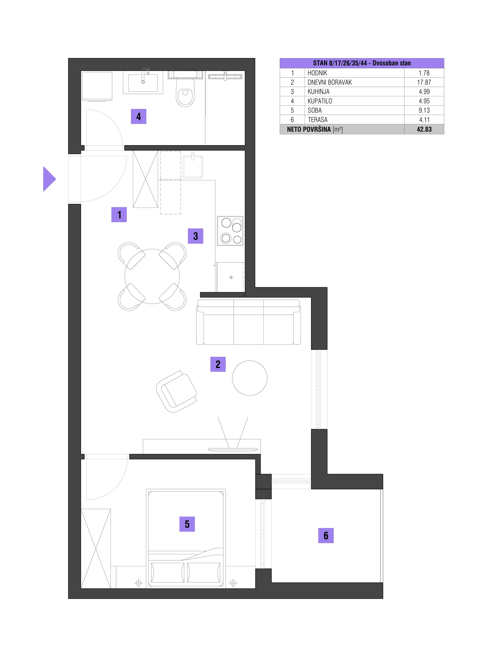 Dvosoban stan površine 43m2